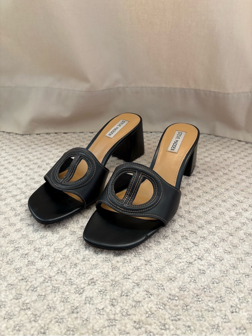 Steve Madden Black Leather Cutout Slide Heels